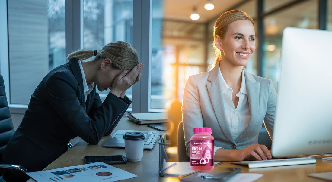 two women in a corporate setting, one very tired with her head in hands. one energised and happy with her iron supplement